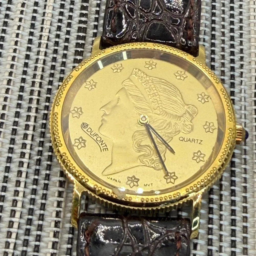 Dufonte Lucien Piccard Gold Tone Liberty Coin Dial Watch Brown Leather Strap